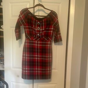 Red Plaid Dress with Button Accents